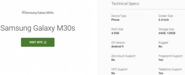 Основные характеристики смартфона Samsung Galaxy M30s подтверждены каталогом устройств Google